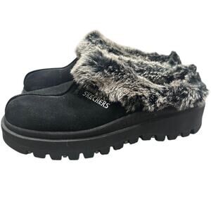 VTG Y2K Skechers Shindigs Fortress Chunky Clog Black Suede Faux Fur Lug Sole 9